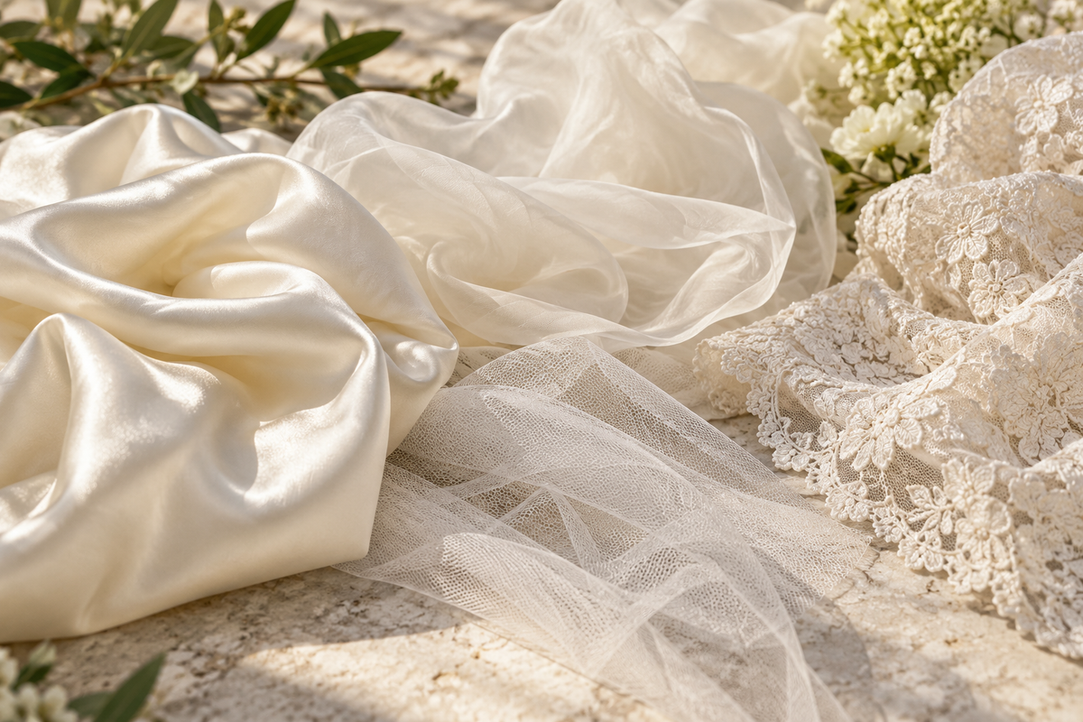 AI-generated editorial illustration for satin, chiffon, tulle or lace? a wedding dress fabric guide