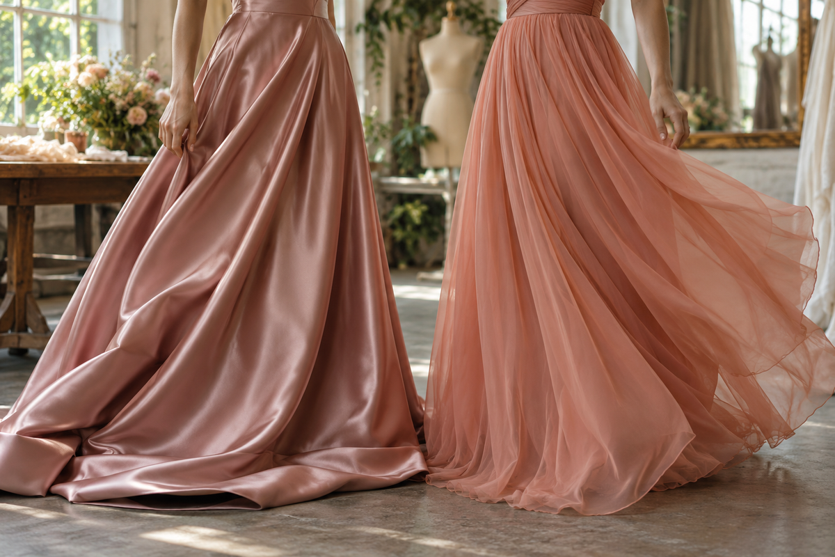 AI-generated editorial illustration for chiffon vs satin bridesmaid dresses: drape, shine and color
