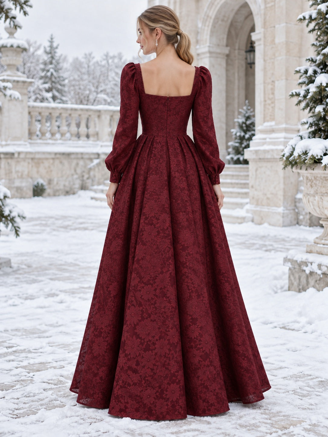 Burgunderrotes, florales Jacquard-Brautjungferkleid mit herzförmigem Ausschnitt und langen Bischofsärmeln
