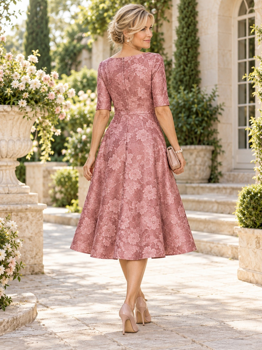 Tea-length Dusty Rose Floral Bateau Elbow Sleeve Jacquard Guest Dress — back view