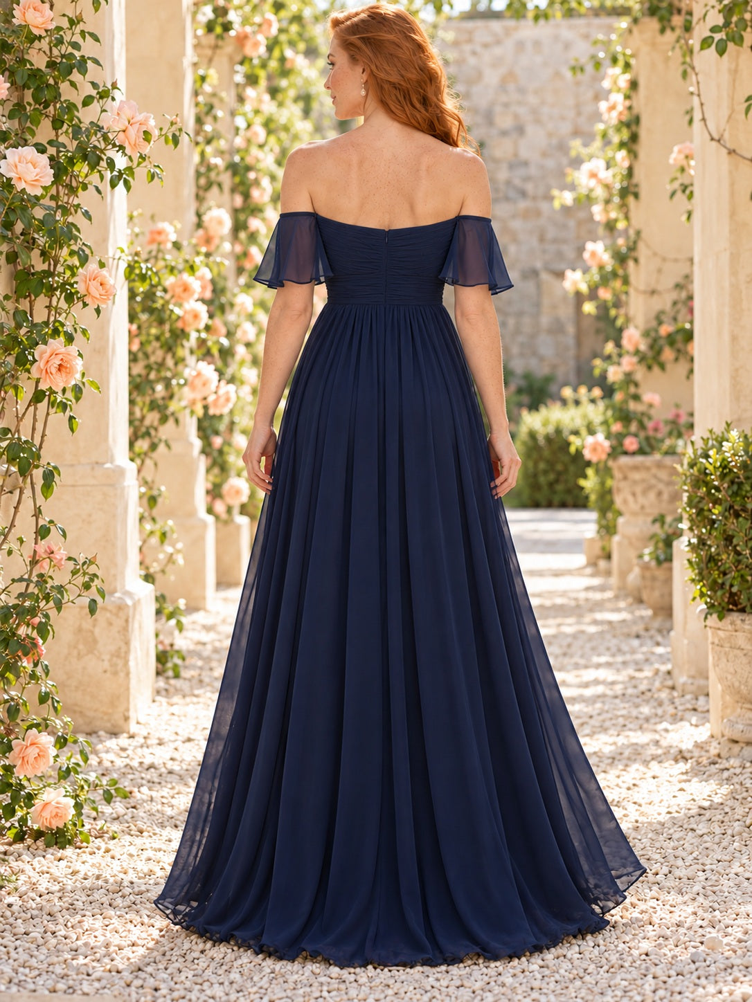 Navy Blue Off Shoulder Sweetheart Chiffon Flutter Sleeve A-line Bridesmaid Dress — image 2, style 113014