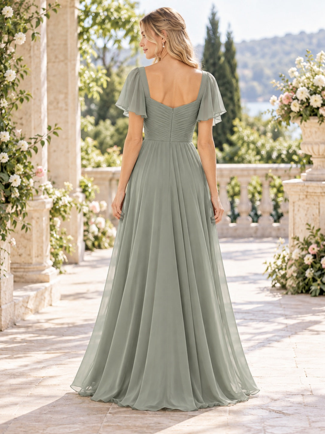 Sage Green Sweetheart Chiffon Flutter Sleeve Ruched Pleated A-line Bridesmaid Dress — image 2, style 113121