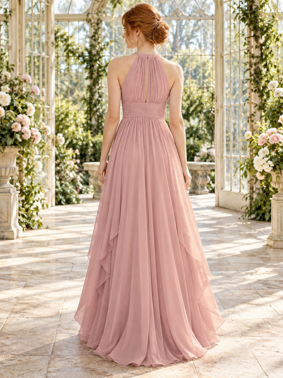 Vestido de dama de honor de gasa en rosa antiguo, línea A, escote halter, sin mangas y largo hasta el suelo