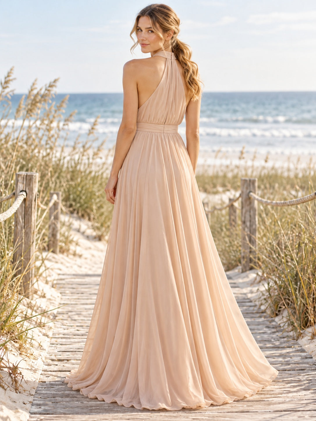 Robe de demoiselle d'honneur bohème coupe trapèze en mousseline champagne à col montant dos nu plissée et froncée