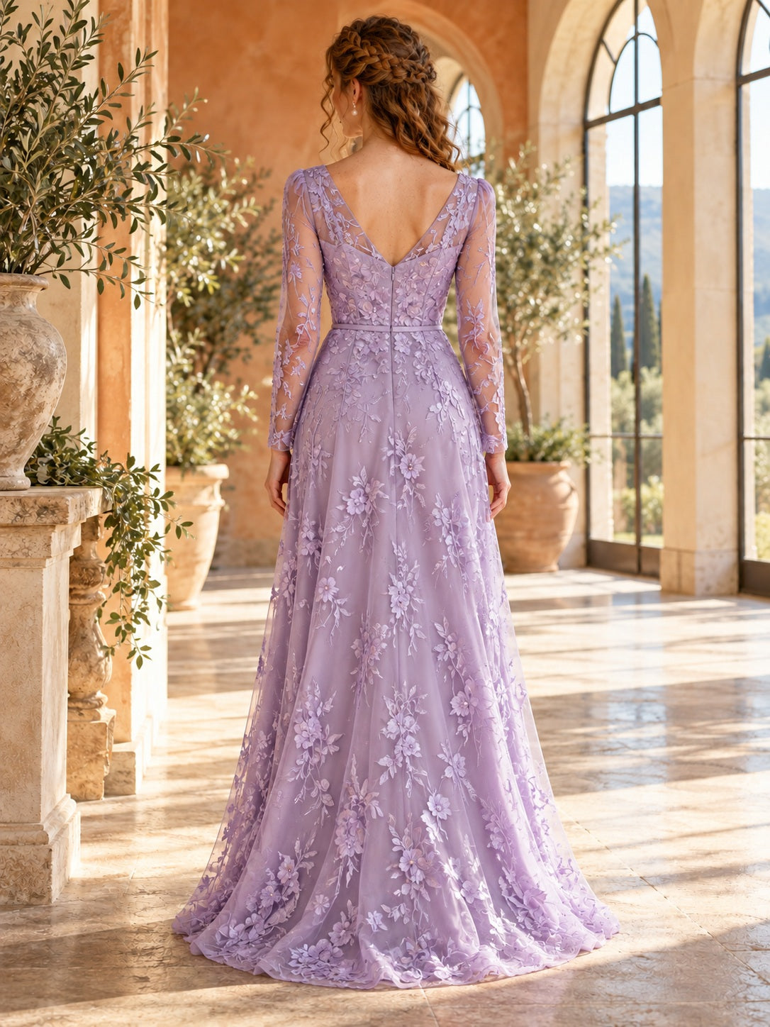 Long Sleeve Lavender V-neck Floral Lace Tulle Full A-line Bridesmaid Dress — image 2, style 113152