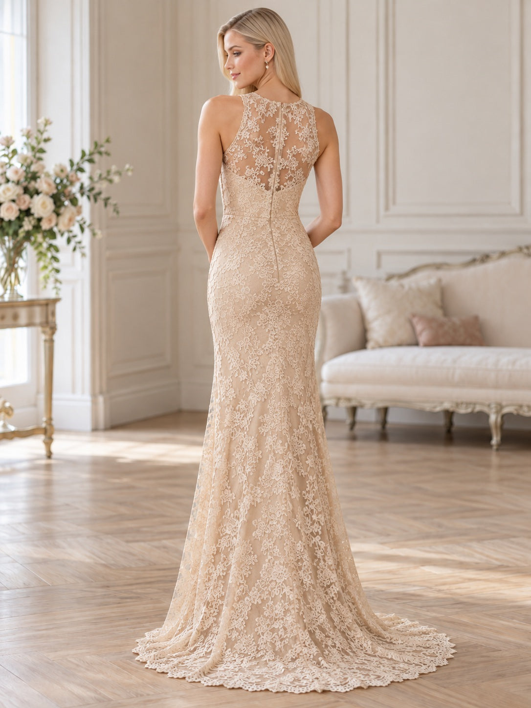 Elegantes, ärmelloses Brautkleid mit Meerjungfrau-Silhouette, Juwel-Illusion, floraler Spitze und Schleppenschleier
