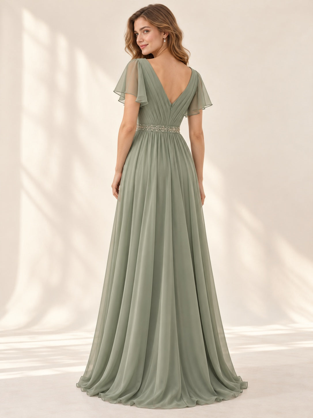 Sage V-neck Flutter Sleeve Beaded Waist Chiffon Long A-line Bridesmaid Dress — image 2, style 113751