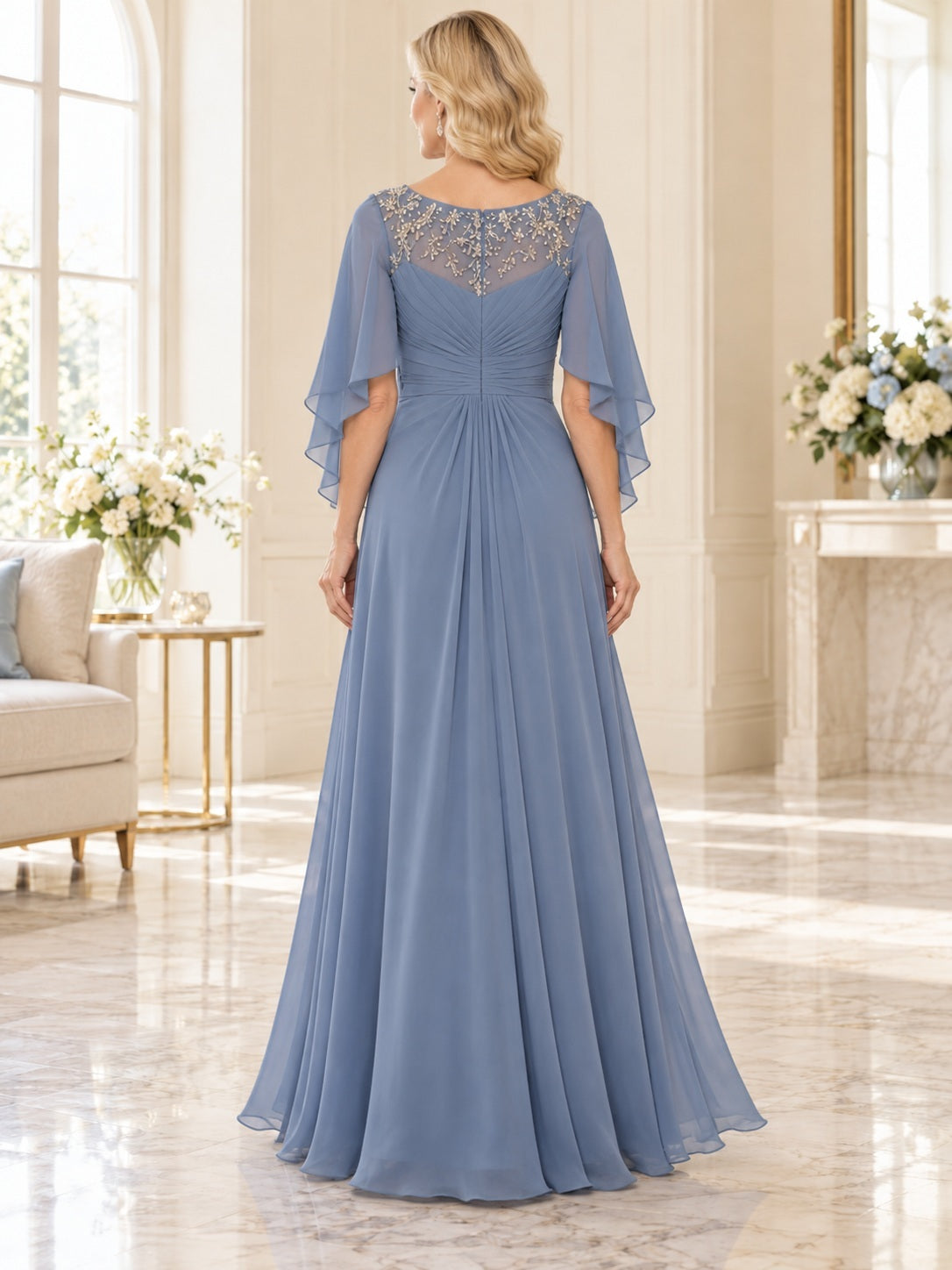 Modest Steel Blue A-Line Chiffon Beaded Neck Cape Sleeve Mother Dress — back view