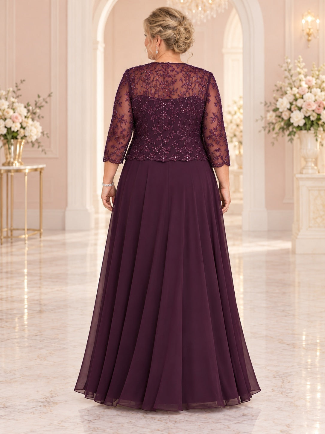 Robe de mère de la mariée grande taille en deux pièces, col carré, boléro en dentelle prune, longueur midi