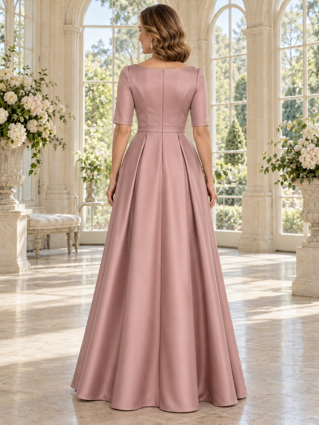 Vestido para madre de la novia o del novio de satén en rosa antiguo, línea A, escote barco, manga al codo, largo hasta el suelo, estilo recatado
