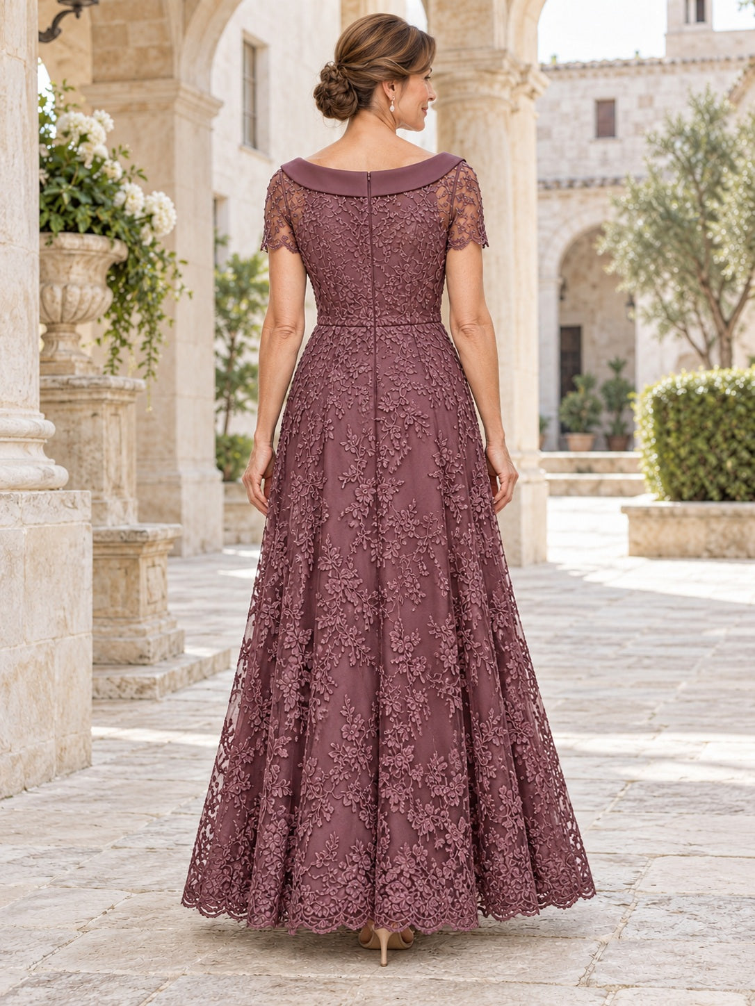 Vintage Mauve A-Line Folded Bateau Lace Mother of Bride Dress