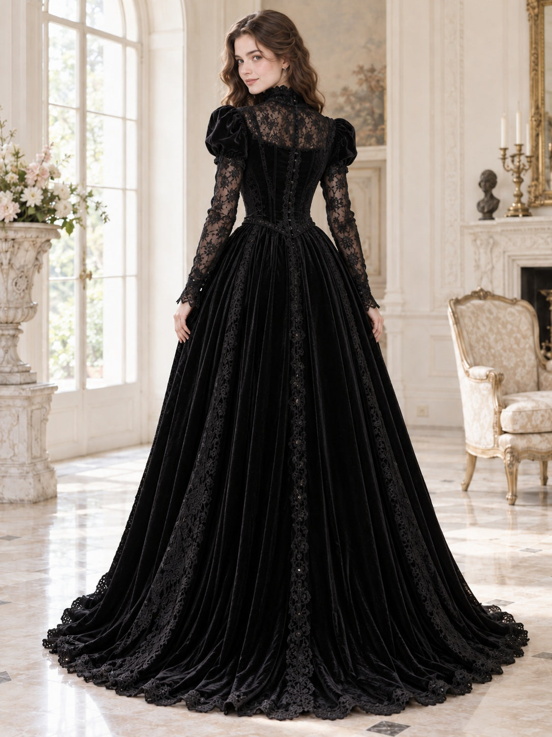 Schwarzes Vintage-Ballkleid aus Samt mit hohem Kragen und langen Spitzenärmeln