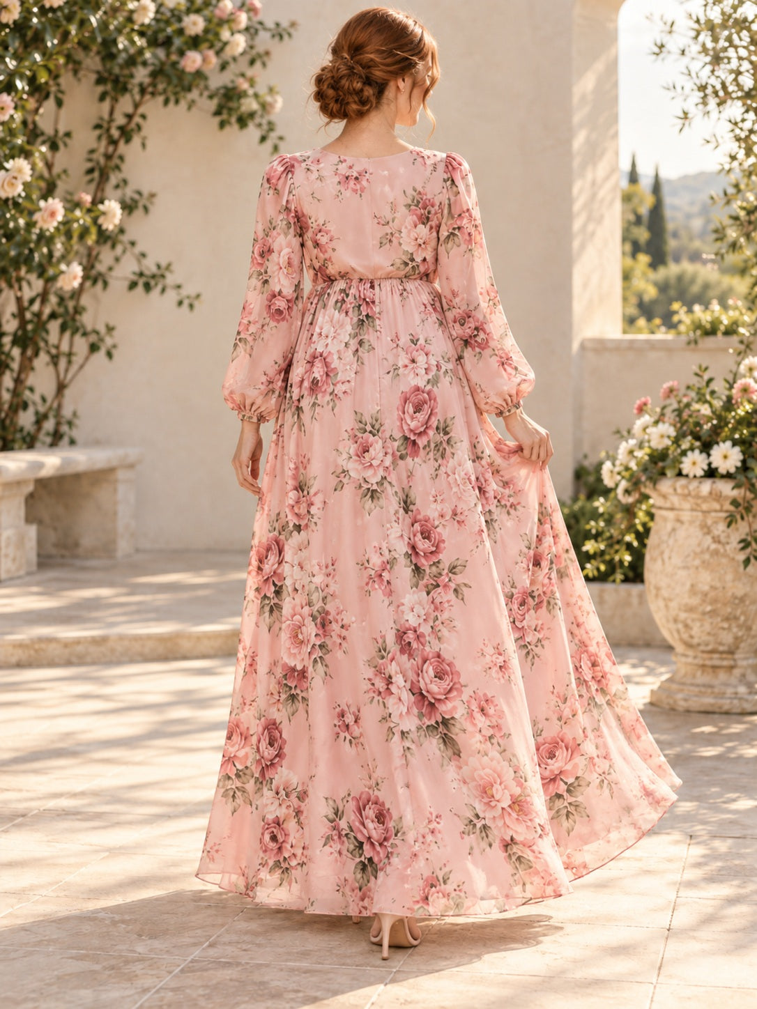 Umstandsmode Maxikleid aus Chiffon mit Empire-Taille, langen Ärmeln und rosa Blumenmuster