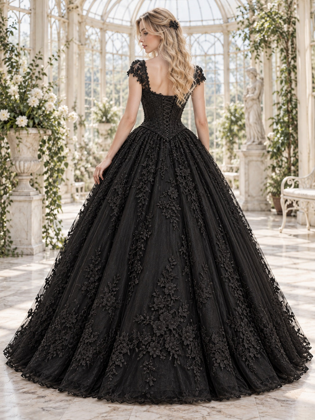 Robe de bal corset gothique noire à encolure carrée, mancherons et dentelle