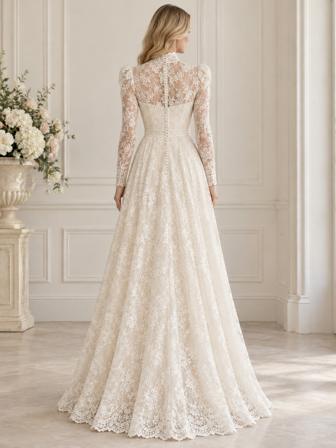 Vintage High Neck Long Sleeve Floral Lace A-line Wedding Dress, view 2