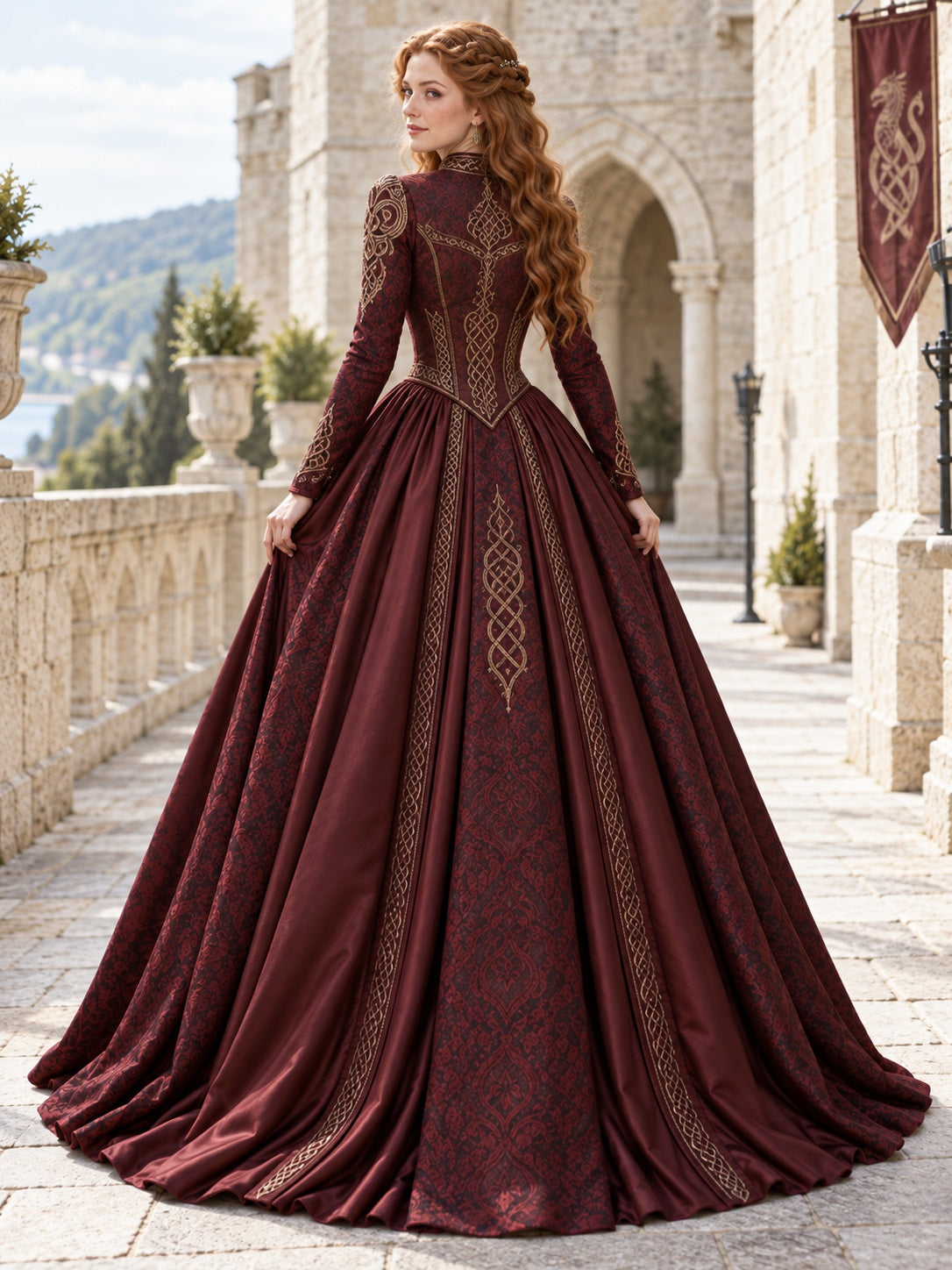 Viking Ballkleid in Burgunder mit hohem Kragen, langen Ärmeln und besticktem Jacquard