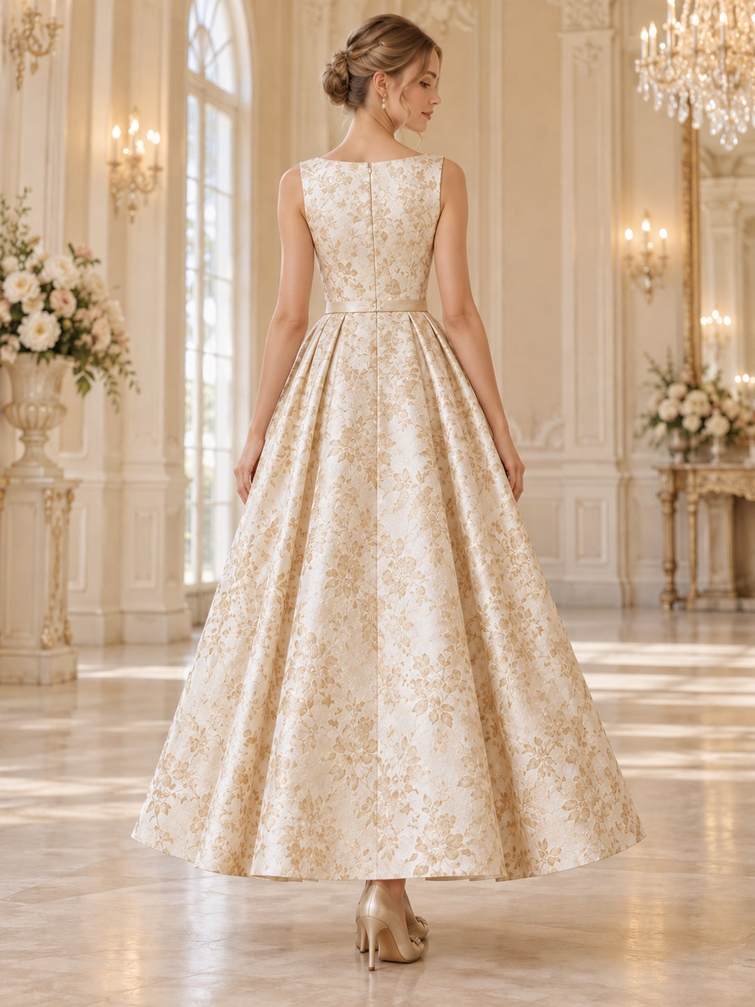 Robe de bal vintage ivoire et or à motifs floraux, sans manches, à encolure bateau, plissée et longueur cheville