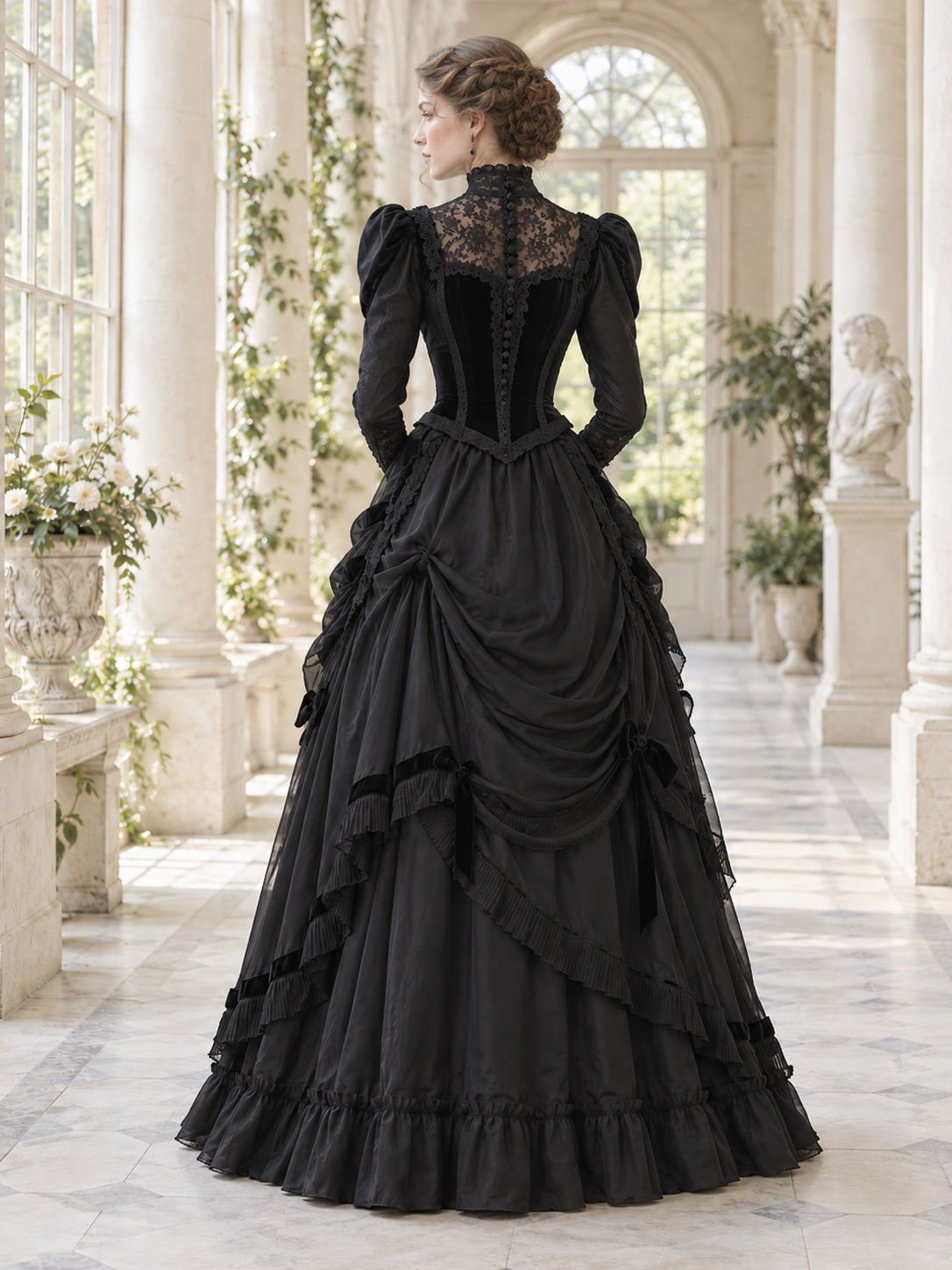 Schwarzes viktorianisches Abendkleid mit langen Ärmeln, hohem Kragen, Spitze, Stufen und Drapierung