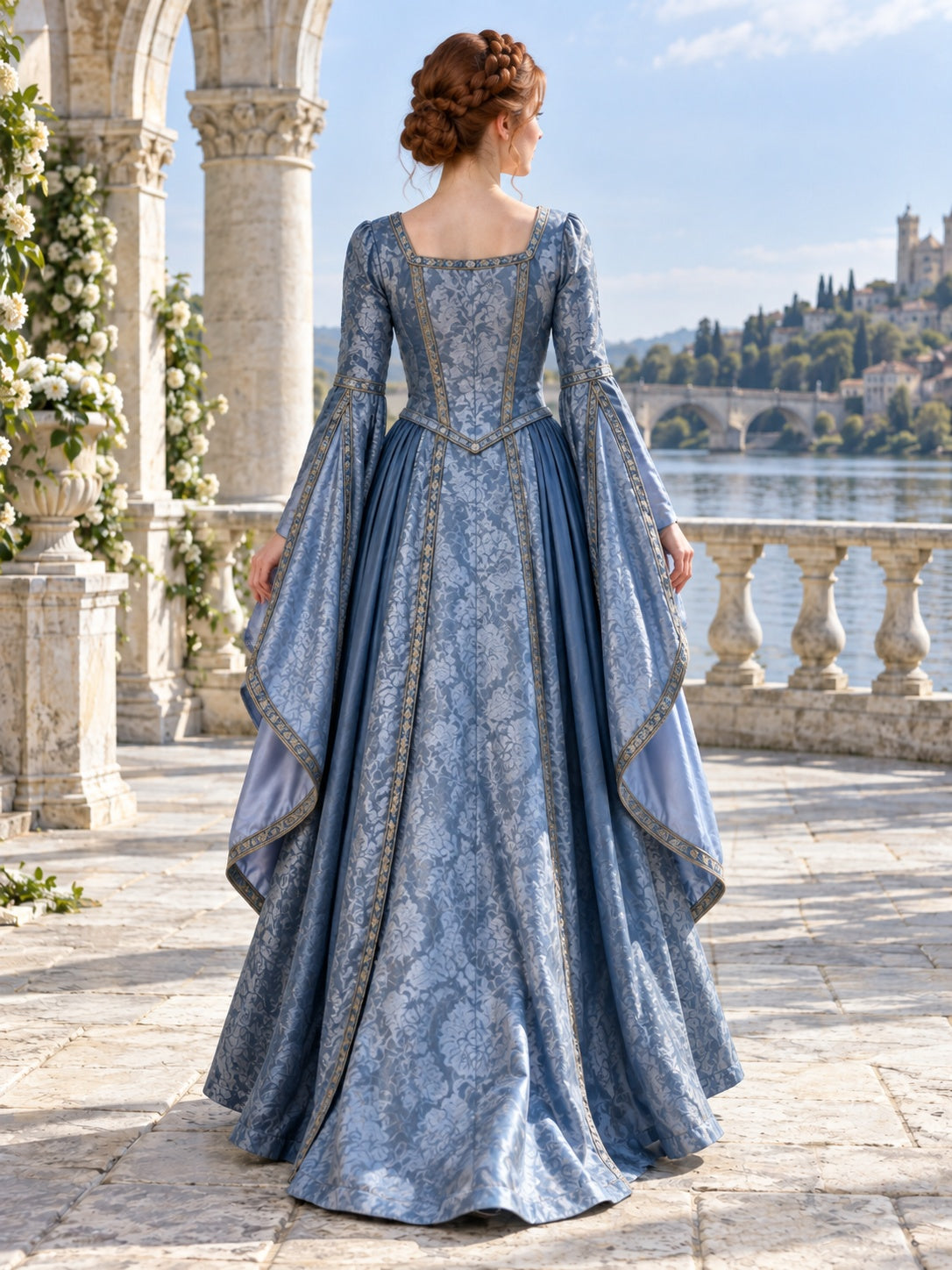 Stahlblaues Renaissance-Abendkleid mit langen Glockenärmeln und Brokatkorsett