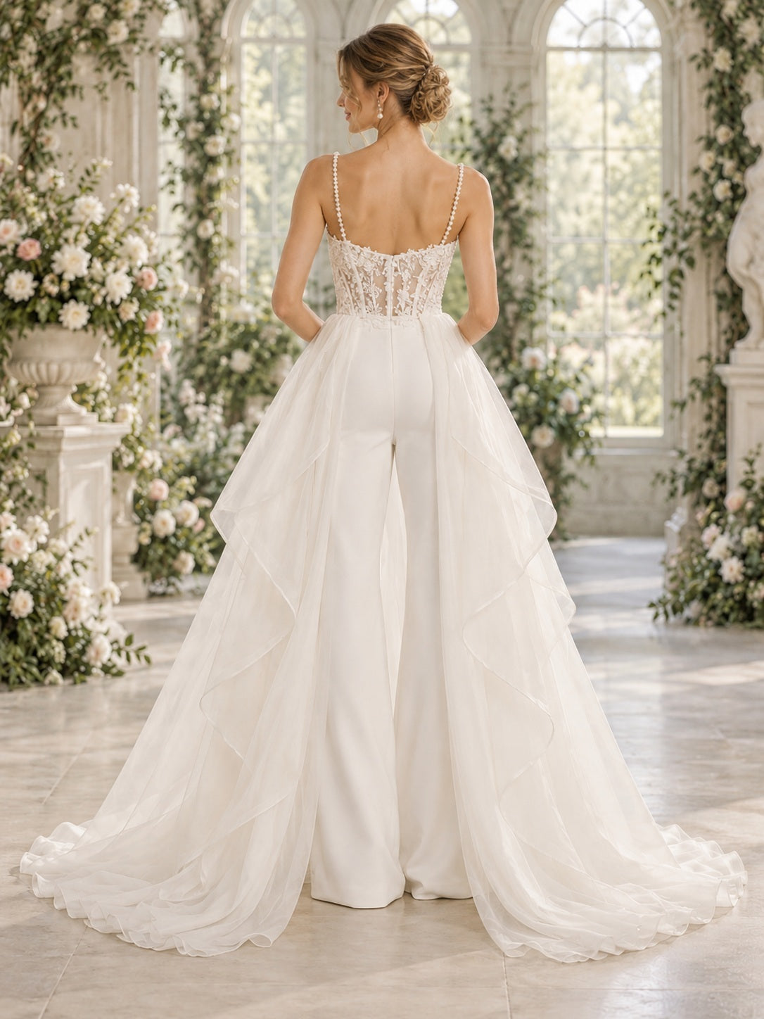 Combinaison de mariée à jambes larges, bustier en dentelle à encolure cœur, bretelles perlées et surjupe en tulle superposé