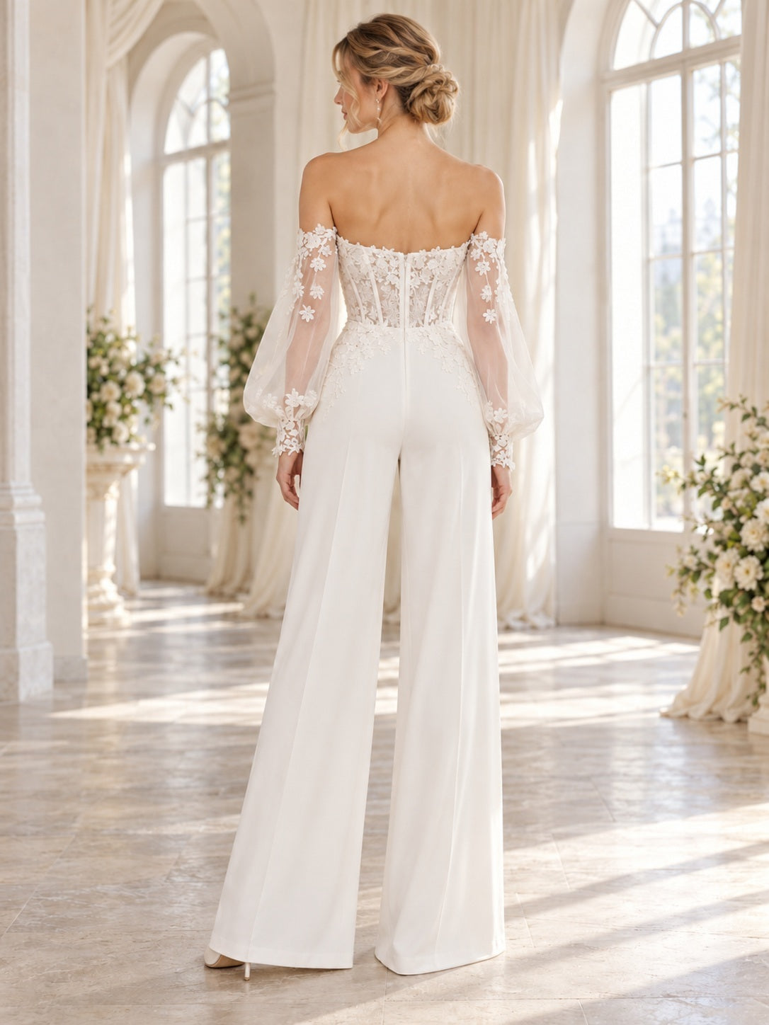 Long Sleeve Off Shoulder Sweetheart Lace Corset Bishop Wide-Leg Bridal Jumpsuit — back view