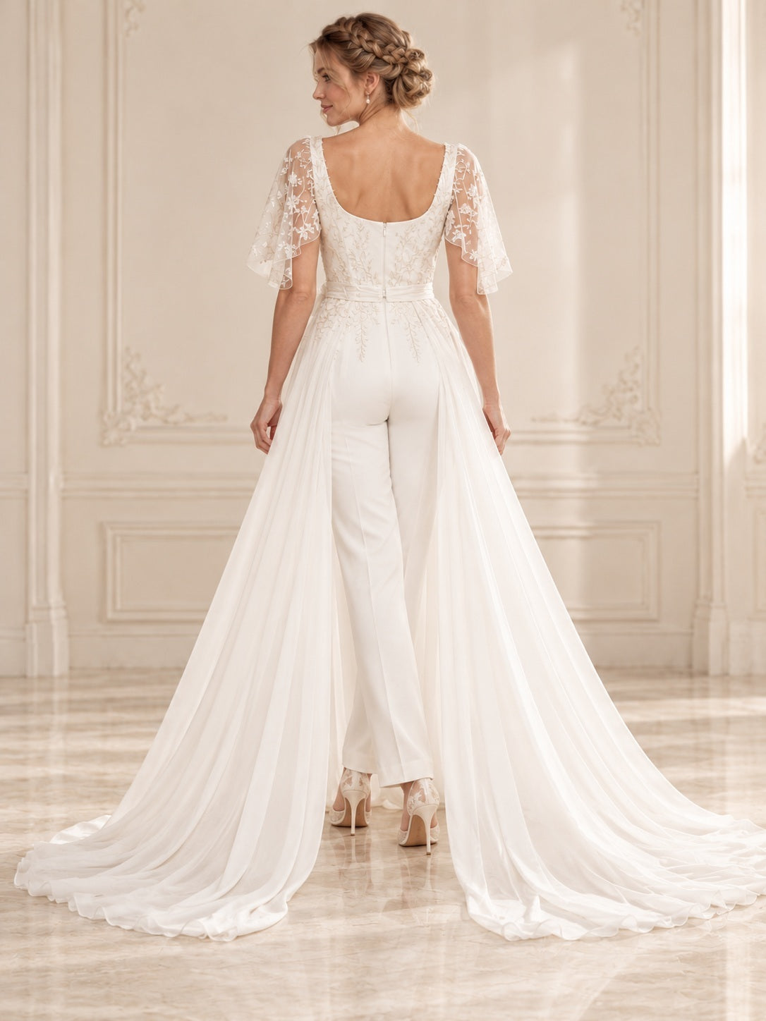 Civil Scoop Neck Flutter Lace Sleeve Bow Chiffon Train Bridal Jumpsuit — back view