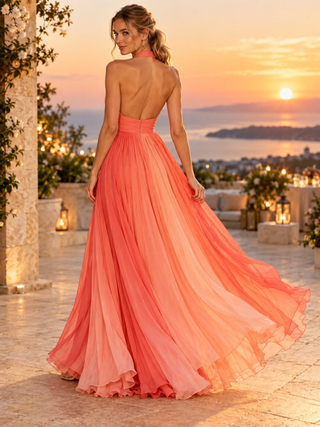 Robe de soirée corail en mousseline dégradée, à col licou croisé et sans manches, avec fente