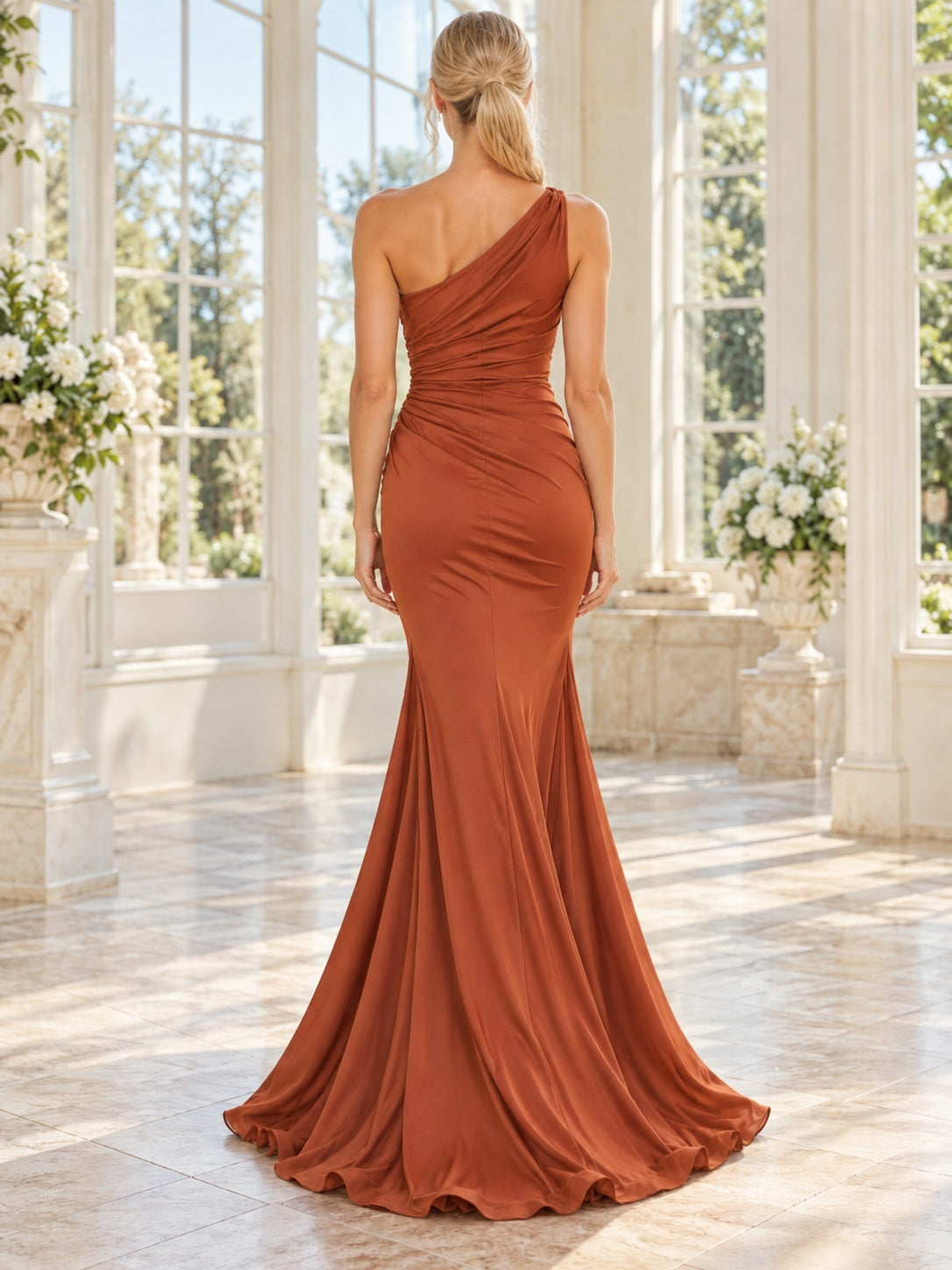 Mermaid Rust One Shoulder Satin Ruched Flowing Elegant Evening Dress — back view