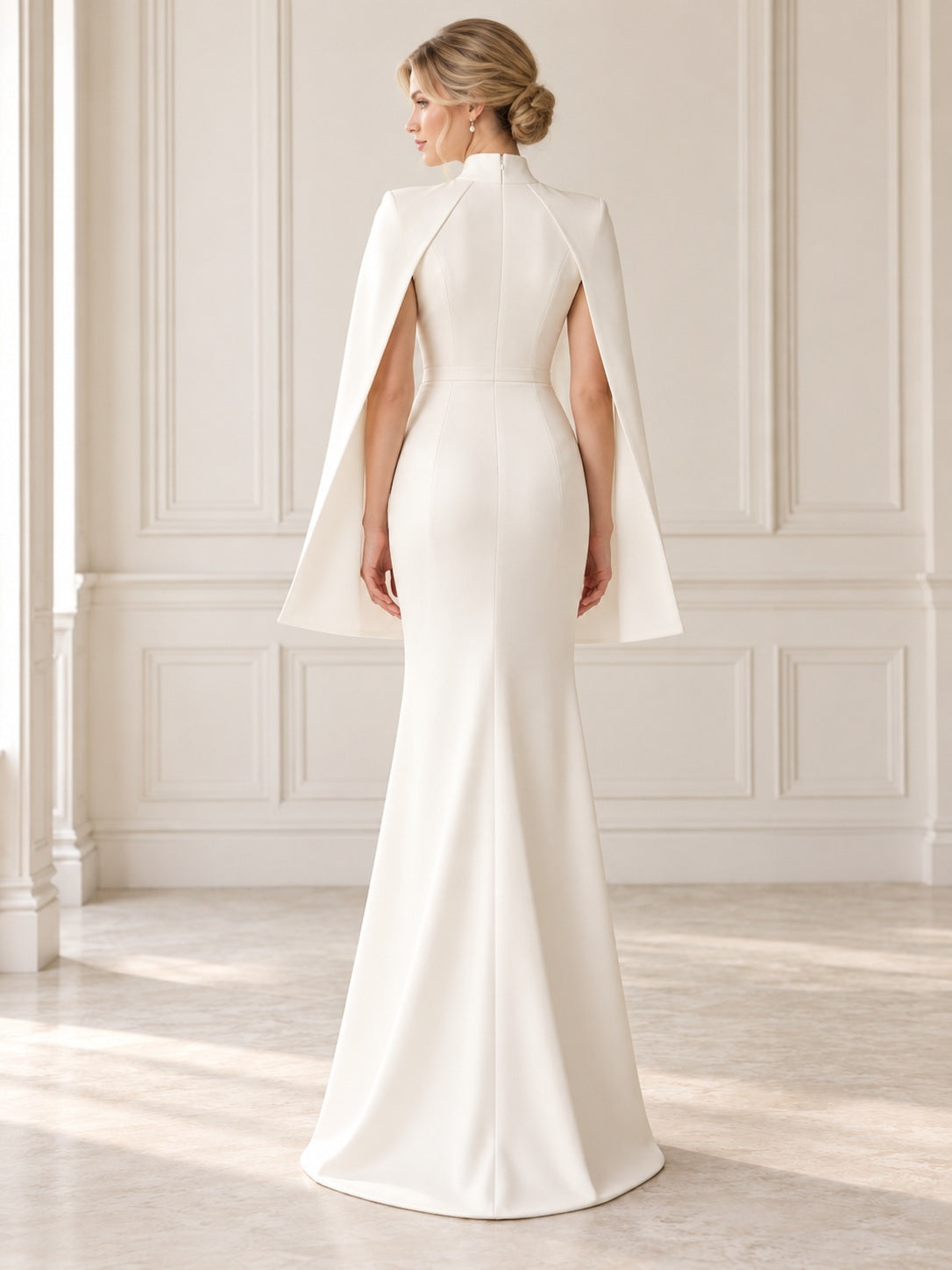Robe de mariée fourreau ajustée, style civil épuré, à col montant et épaules cape structurées