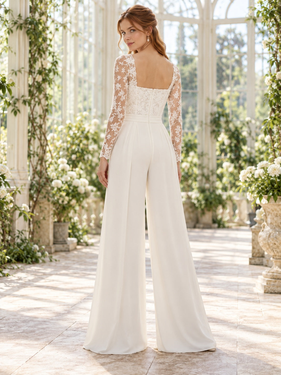 Square Neck Long Sleeve Floral Lace Pleated Wide-Leg Crepe Bridal Jumpsuit — back view
