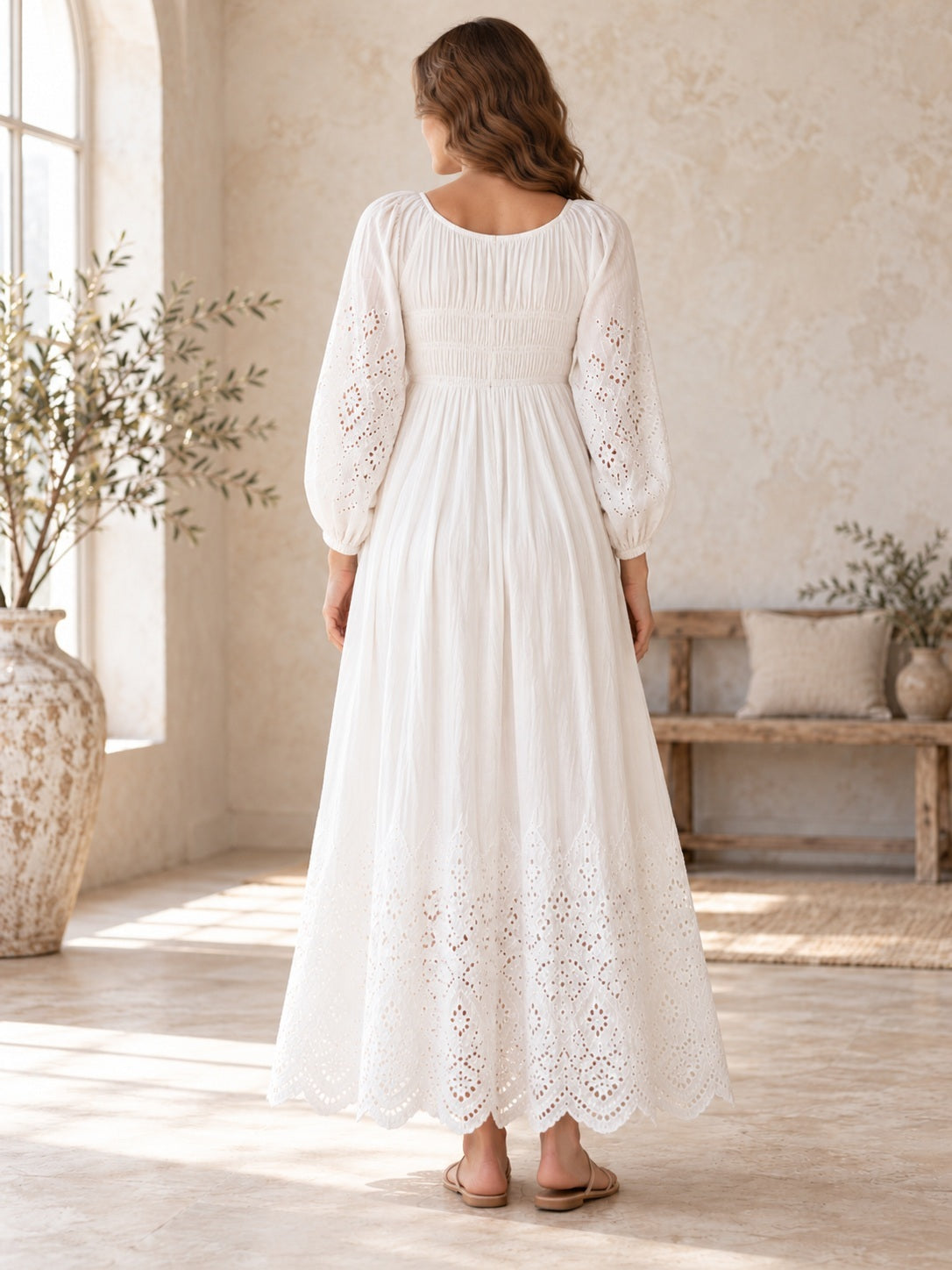 Maternity Long Sleeve Empire White Scoop Neck Cotton Eyelet Scalloped Ankle Dress — back view