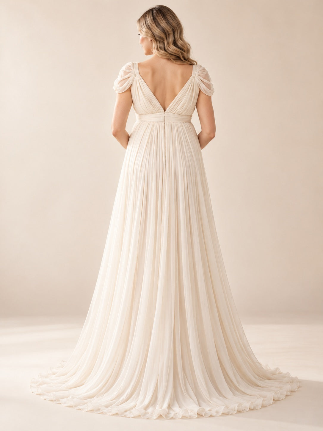 Maternity Empire Ivory V Neck Draped Cap Sleeve Pleated Chiffon Formal Gown — back view