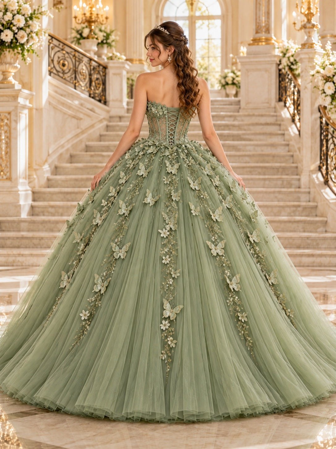Vestido de quinceañera de tul y encaje en verde salvia, corte princesa, sin tirantes y escote corazón y largo hasta el suelo