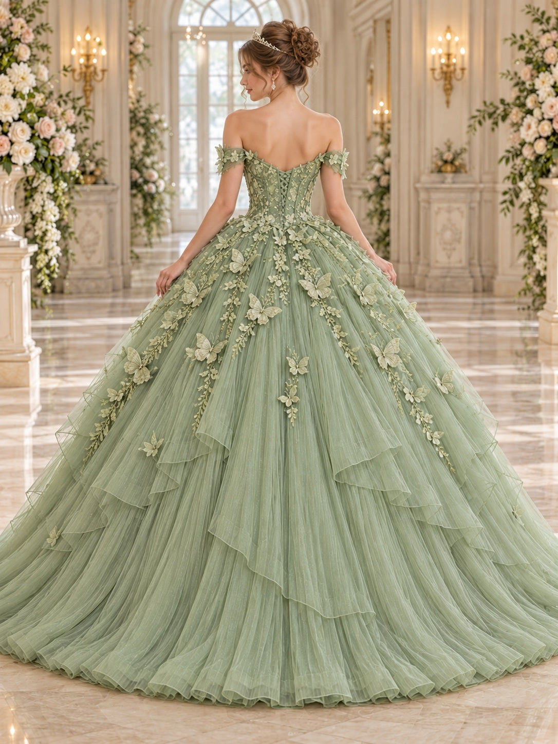Sage Off Shoulder Sweetheart Butterfly Tiered Tulle Quinceanera Ball Gown — back view
