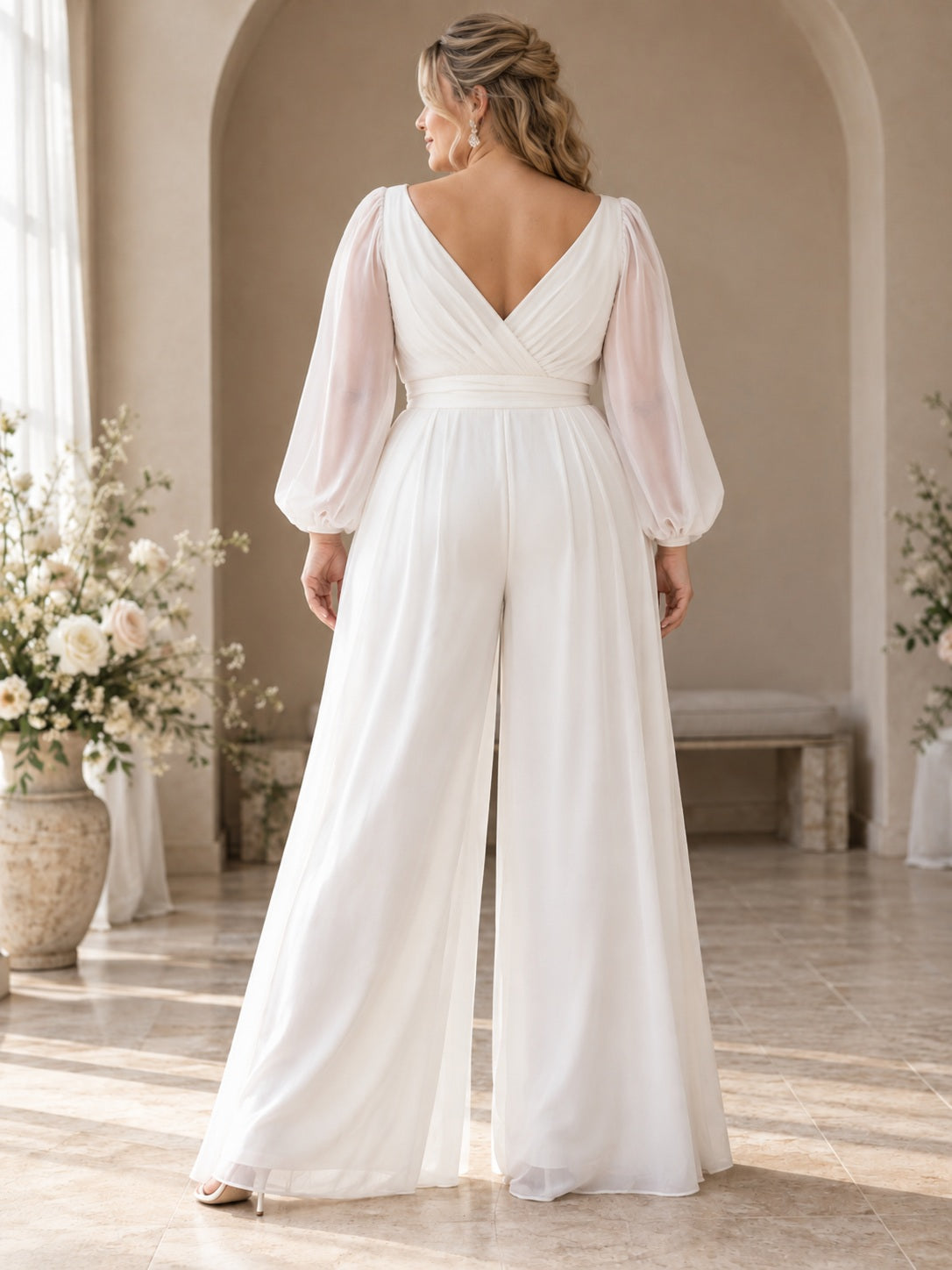 Plus Size Long Sleeve V Neck Chiffon Pleated Wide Leg Elegant Bridal Jumpsuit — image 2, style 375553