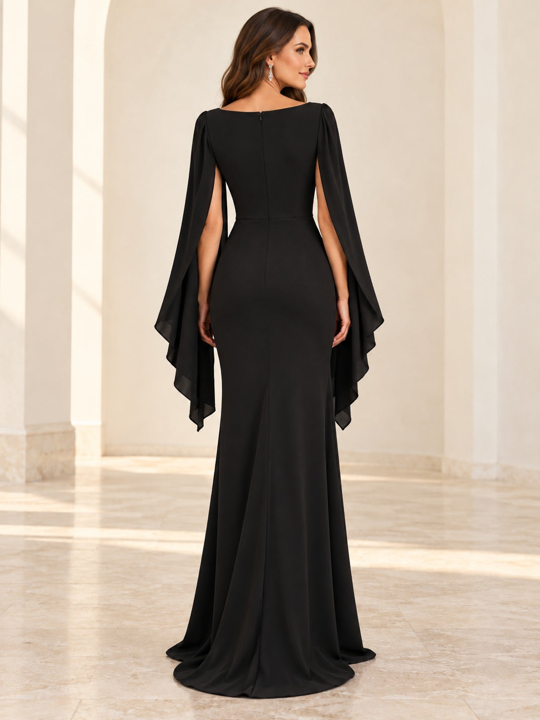 Long Modest Black Bateau Cape Sleeve Crepe Evening Dress