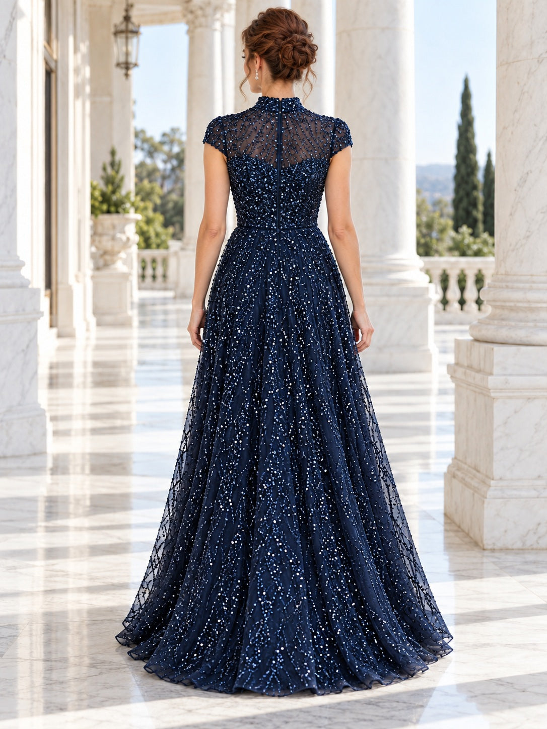 Long High Neck Navy Cap Sleeve Sequin Evening Dress
