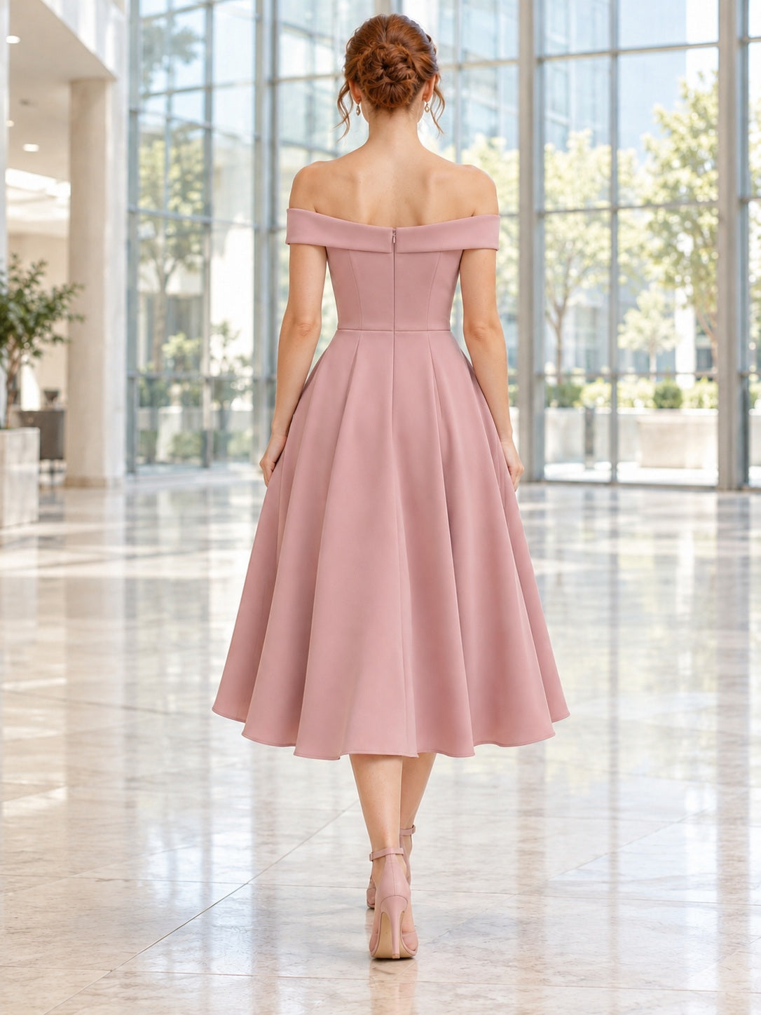 Tea-length Dusty Rose Off Shoulder Simple Pleated A-Line Graduation Dress, back view