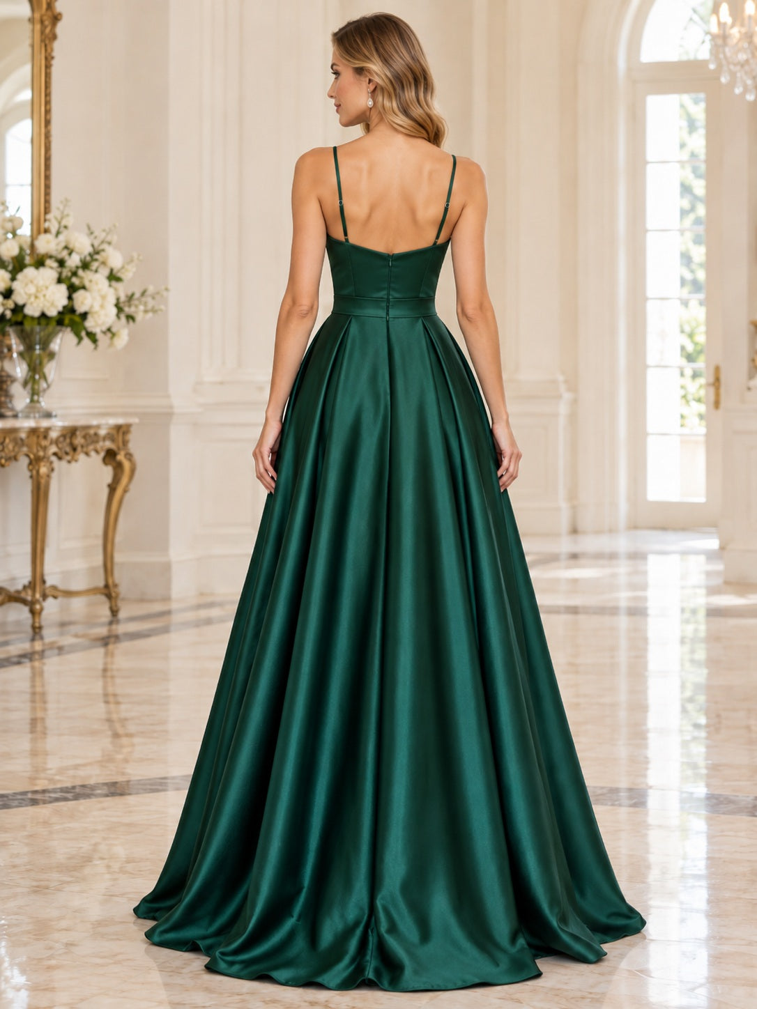 Simple Green Sweetheart Spaghetti Satin Pleated A-line Long Prom Dress, back view