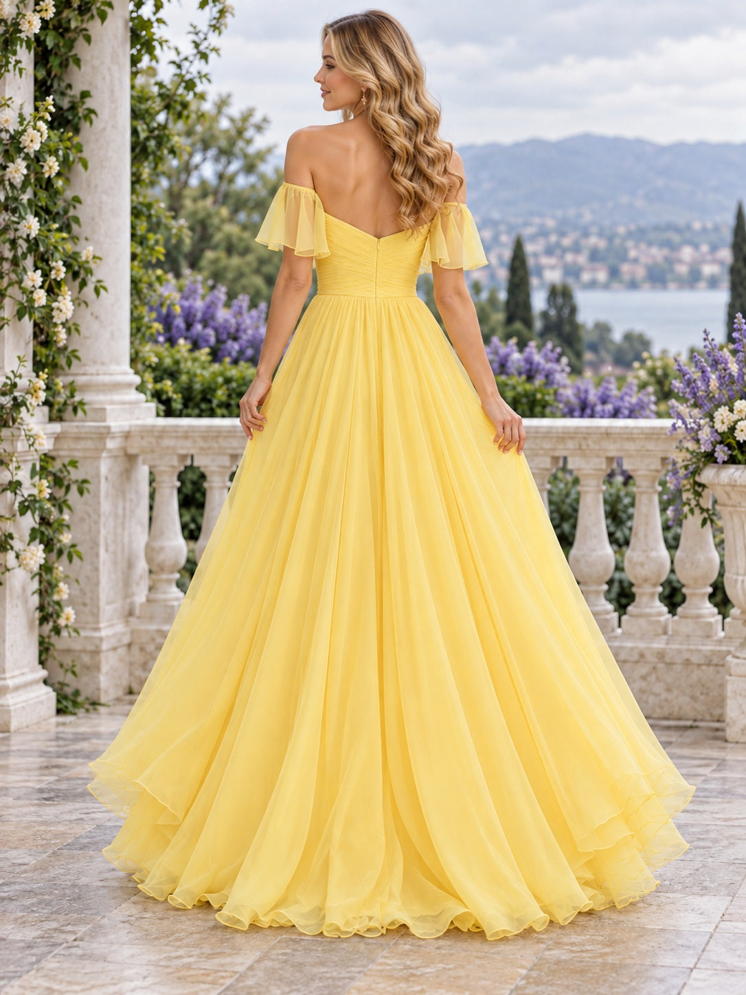 Yellow Off Shoulder Sweetheart Chiffon A-line Long Prom Dress, back view