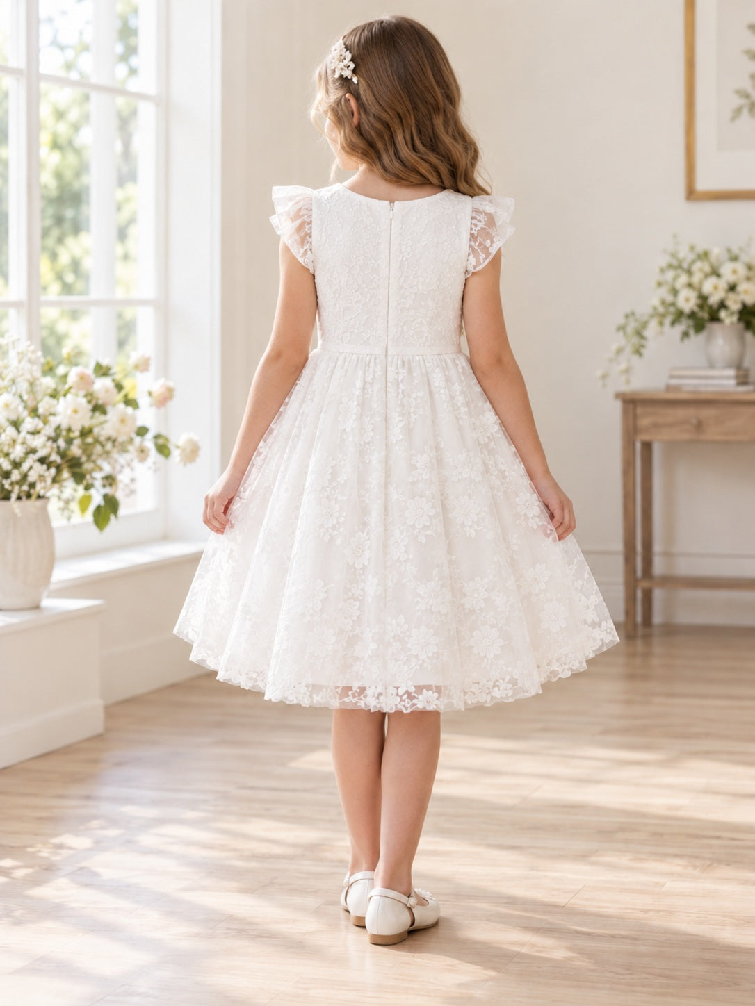 White Floral Lace Flutter Sleeve Knee Length Flower Girl Dress - view 2