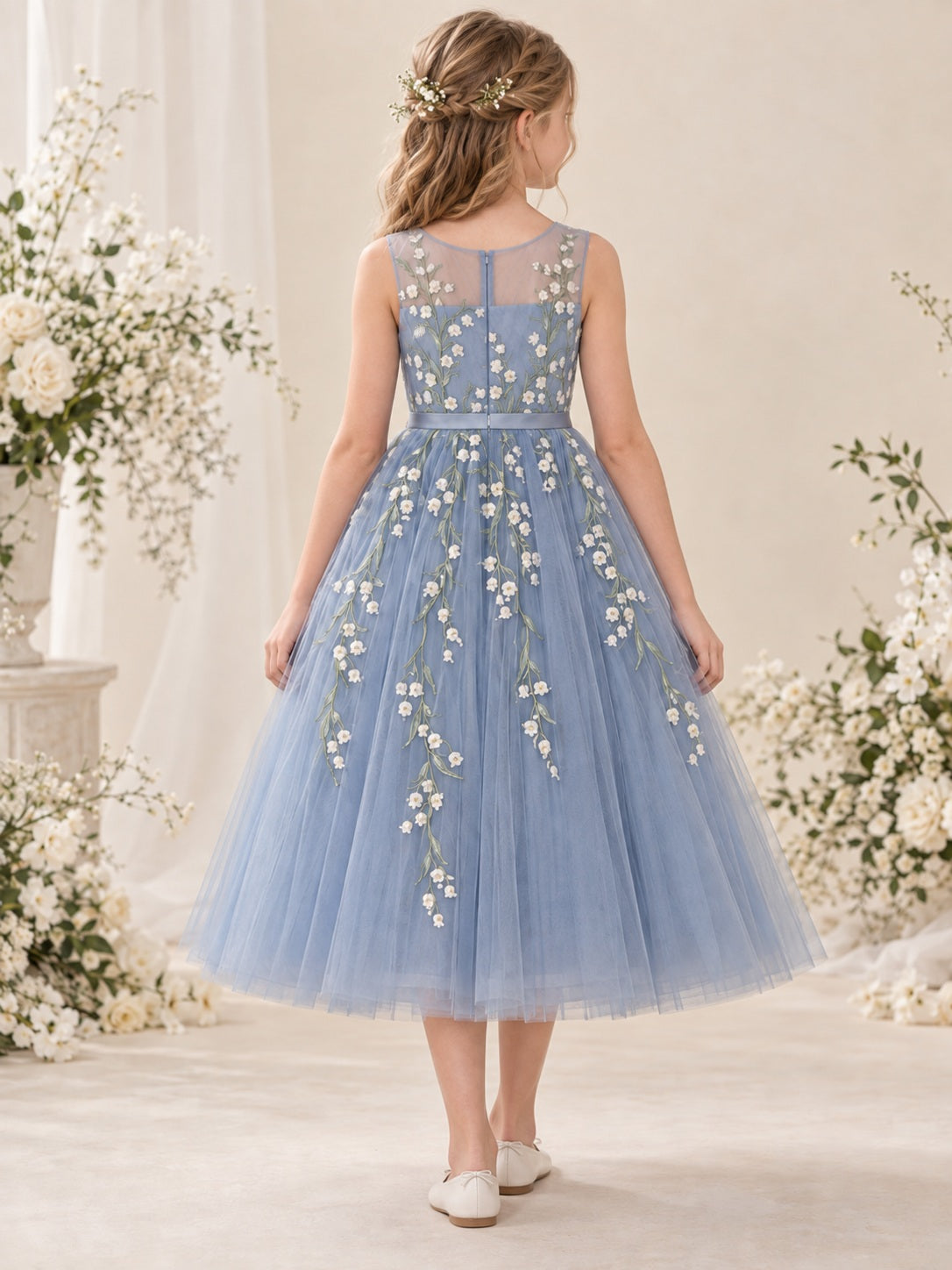 Tea-length Steel Blue Sleeveless Illusion Floral Tulle A-line Flower Girl Dress - view 2