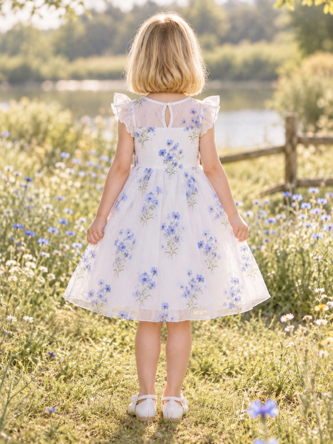 White Floral Knee Length Ruffle Cap Sleeve Organza A-line Flower Girl Dress - view 2