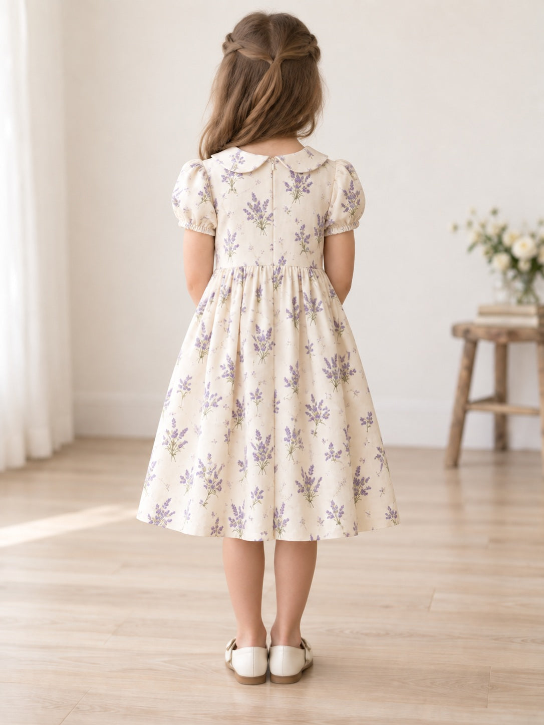 Vintage Modest Tea-length Cream Floral Collared Puff Sleeve Cotton Flower Girl Dress - view 2