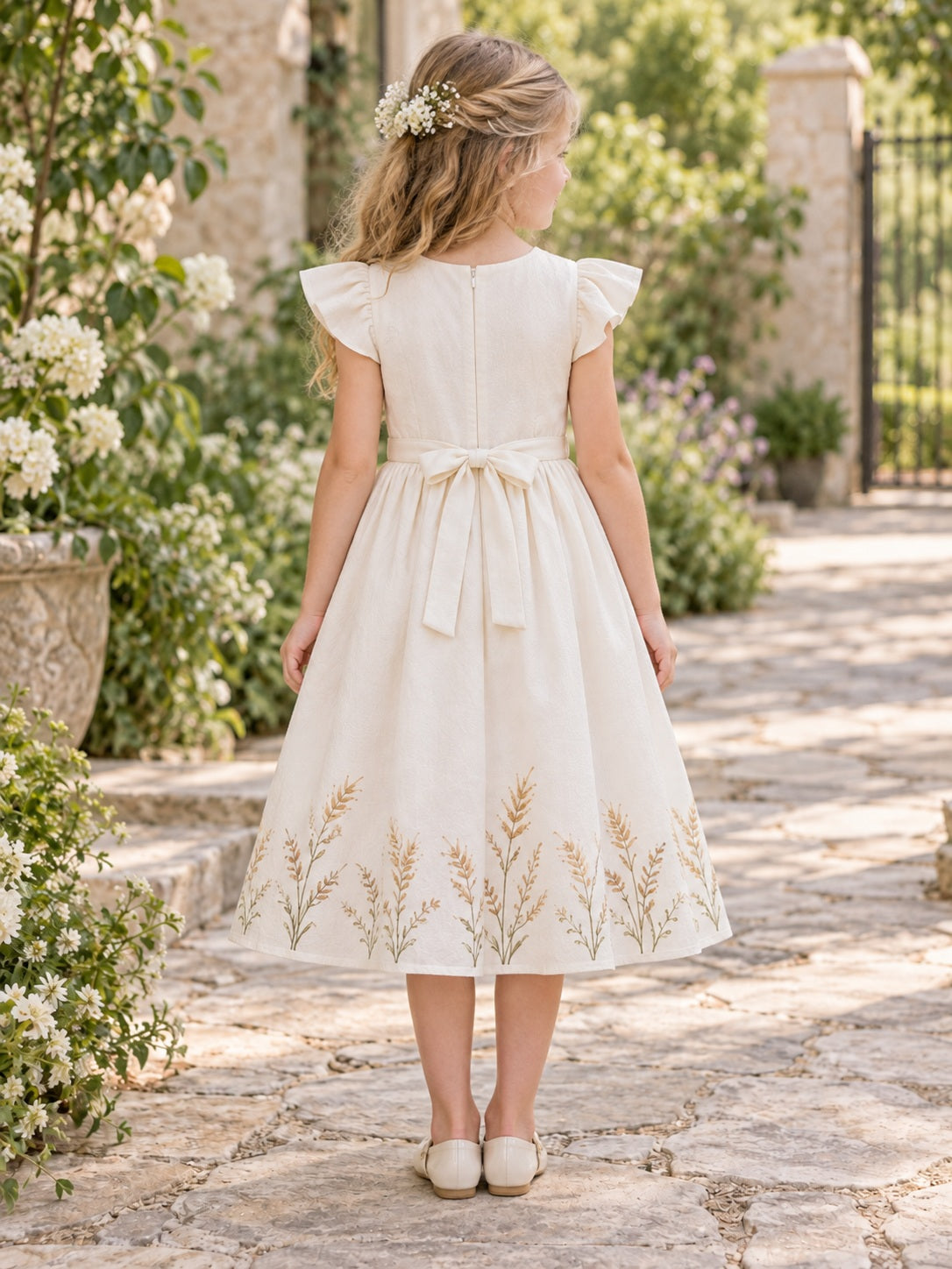 Robe de demoiselle d'honneur champêtre en coton couleur crème, longueur thé, à manches papillon et broderies de blé