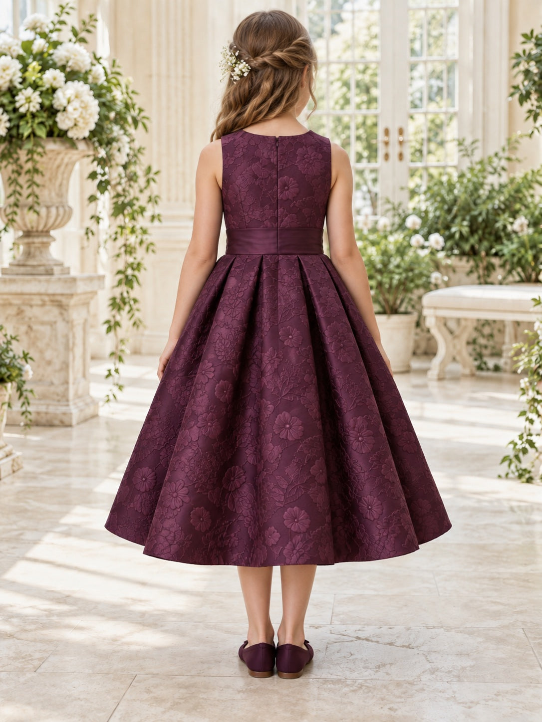 Robe vintage de demoiselle d'honneur en jacquard plissé floral prune sans manches longueur thé