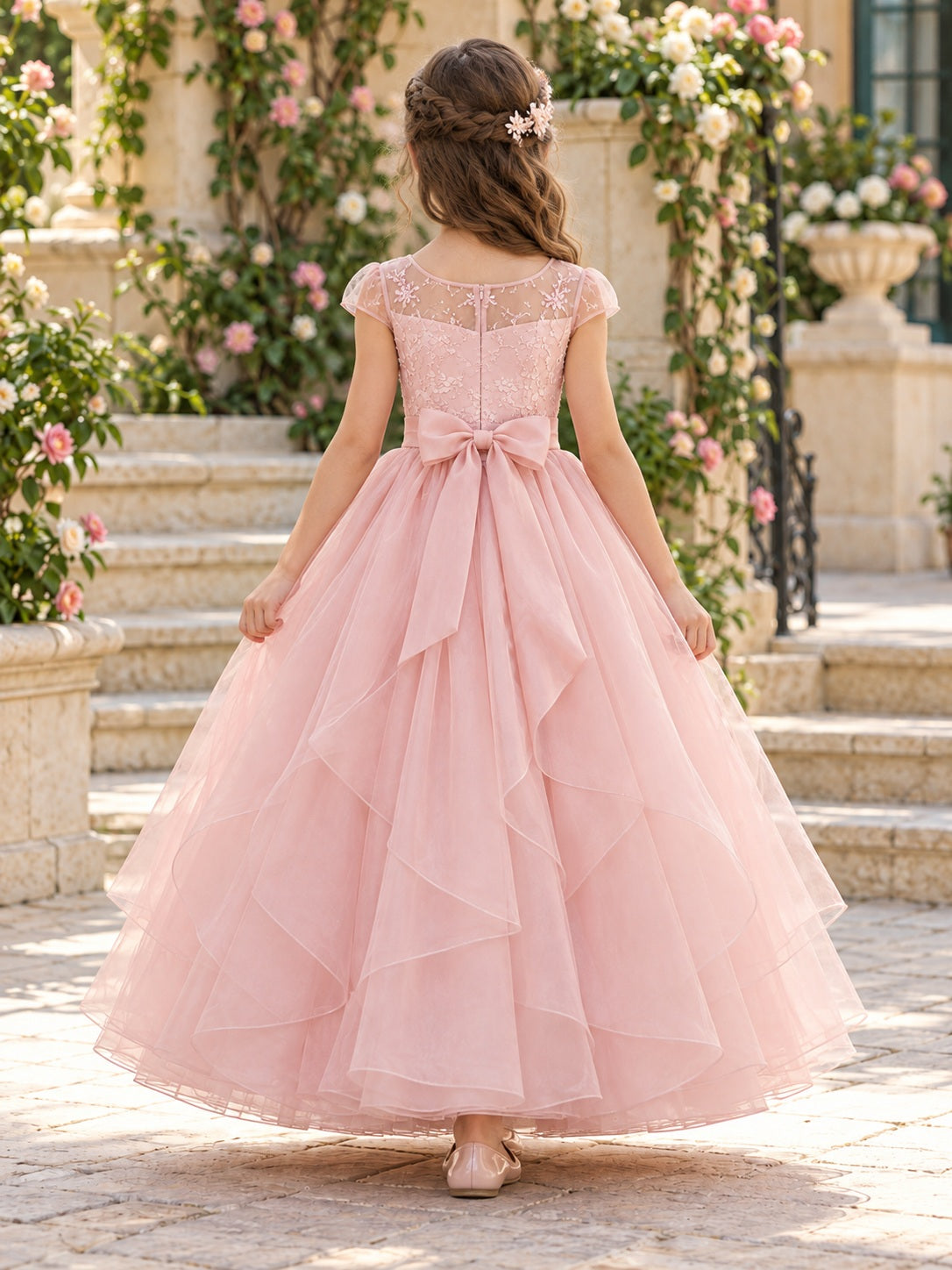 Vestido de niña de arras de organza en rosa suave, línea A, escote redondo cerrado y escote corazón, manga corta y largo al tobillo