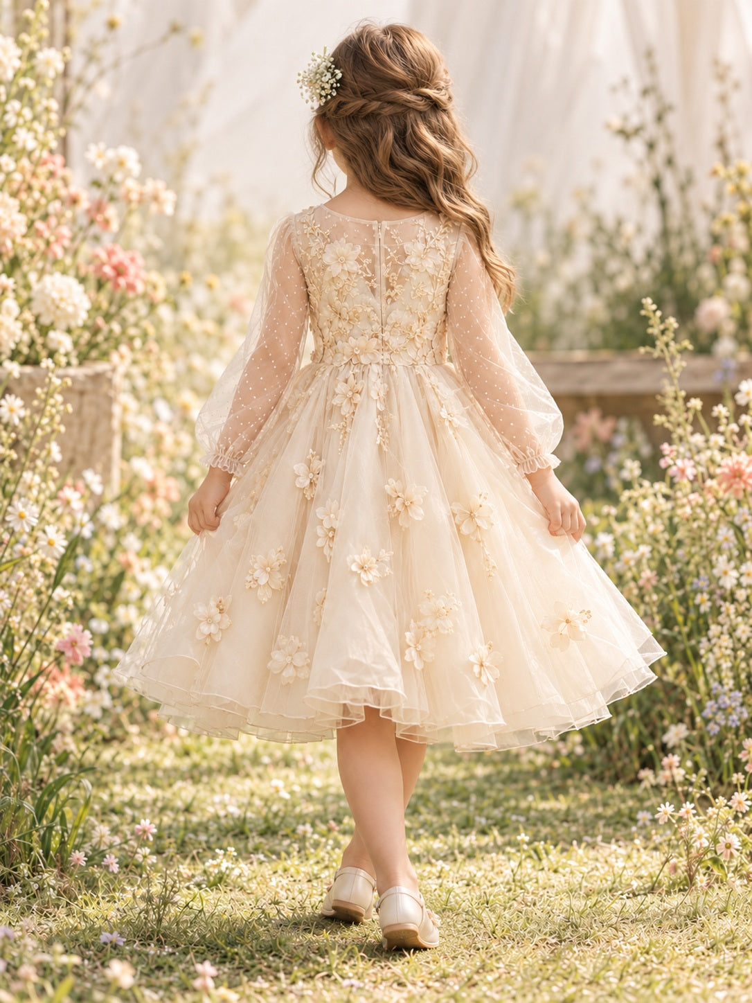 Robe de demoiselle d'honneur en organza à manches longues transparentes, col rond, couleur champagne, avec appliqués floraux