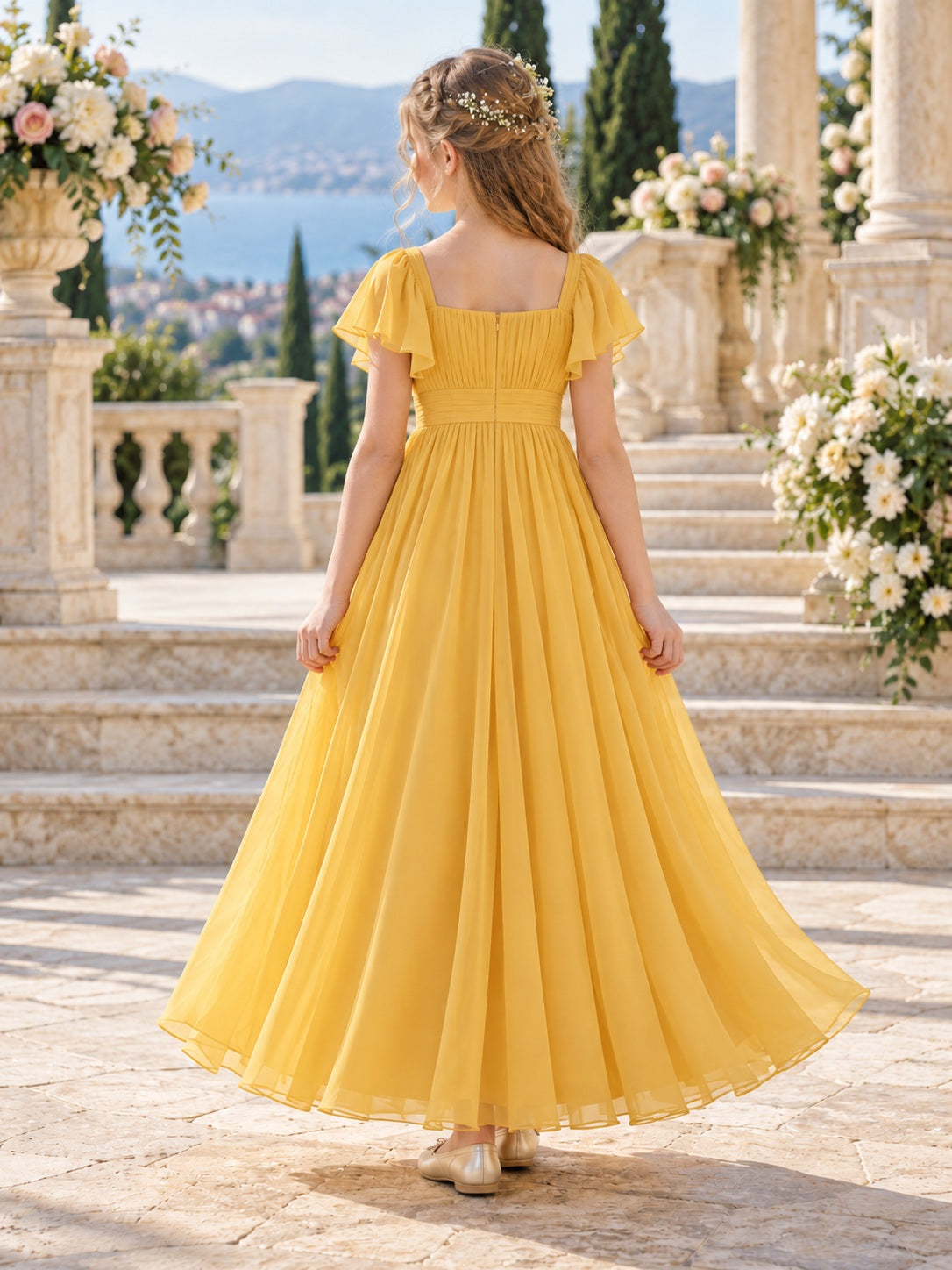 Robe de demoiselle d'honneur simple jaune en mousseline, à encolure carrée, manches papillon, plissée, longueur cheville
