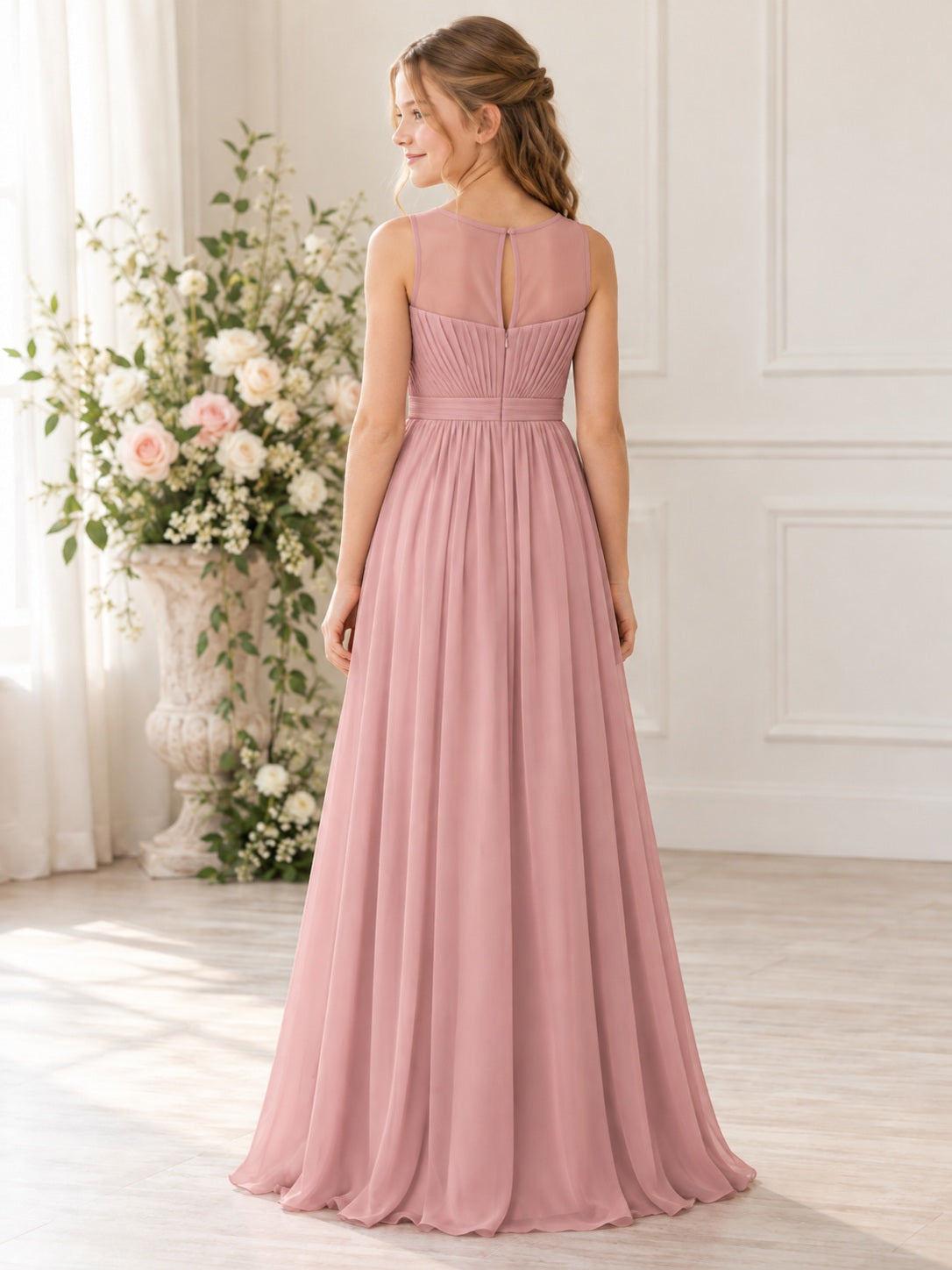 Mauve Chiffon Floor-length Sleeveless Illusion Pleated Junior Bridesmaid Dress, back view